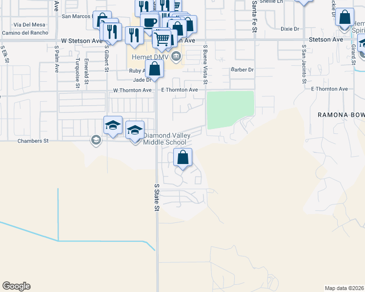map of restaurants, bars, coffee shops, grocery stores, and more near 1536 South State Street in Hemet