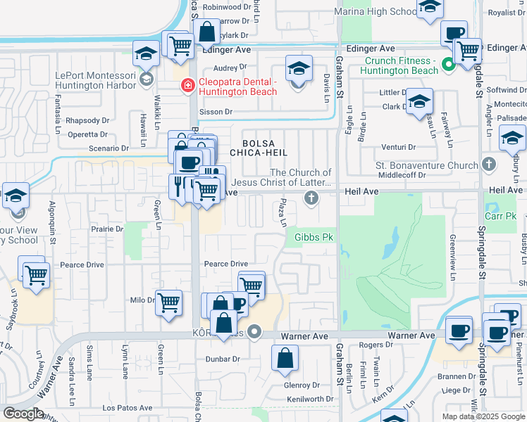 map of restaurants, bars, coffee shops, grocery stores, and more near 5200 Heil Avenue in Huntington Beach
