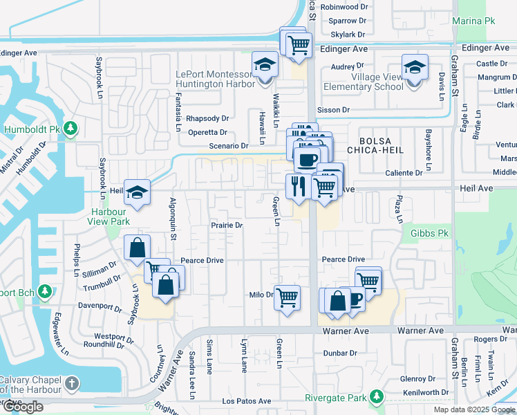 map of restaurants, bars, coffee shops, grocery stores, and more near 4852 Cabana Drive in Huntington Beach