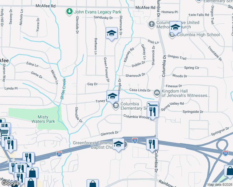 map of restaurants, bars, coffee shops, grocery stores, and more near 2299 Saratoga Drive in Decatur