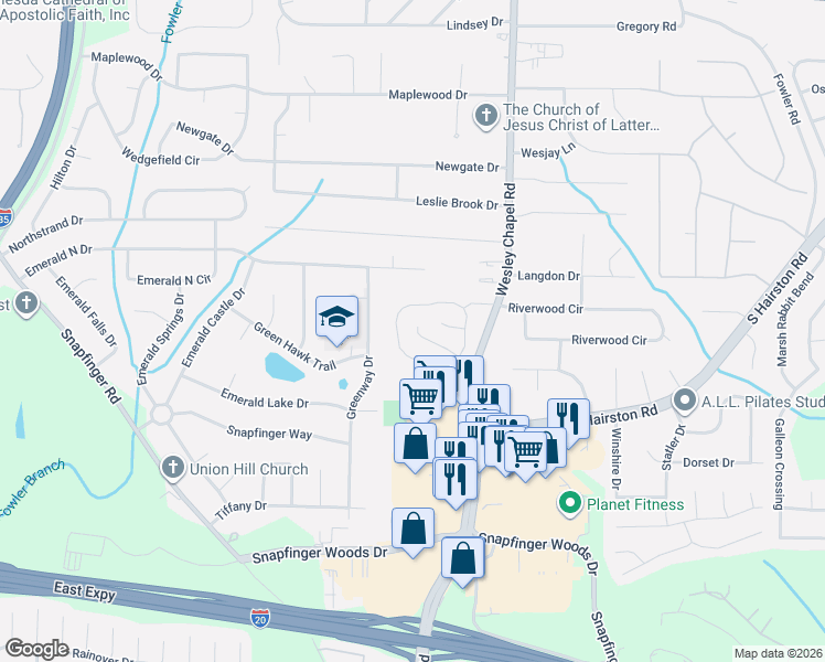 map of restaurants, bars, coffee shops, grocery stores, and more near 4213 Wesley Hall Lane in Decatur