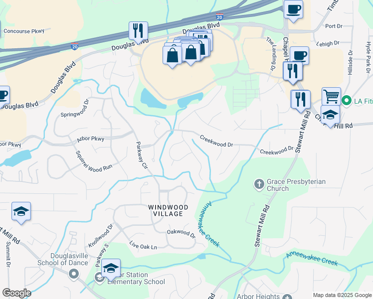 map of restaurants, bars, coffee shops, grocery stores, and more near 8610 Wood Springs Court in Douglasville