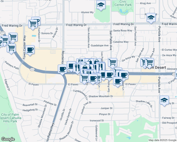 map of restaurants, bars, coffee shops, grocery stores, and more near 102 Palm Desert Drive North in Palm Desert