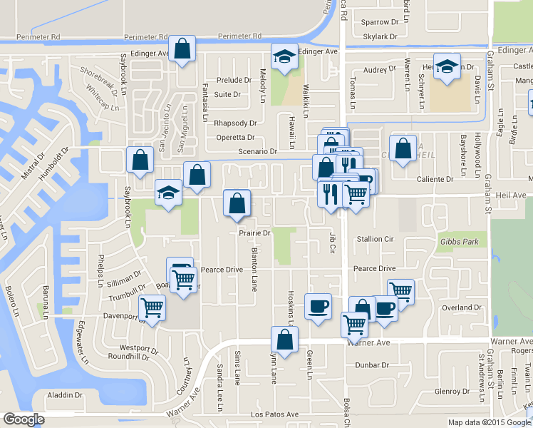 map of restaurants, bars, coffee shops, grocery stores, and more near 16512 Blackbeard Lane in Huntington Beach