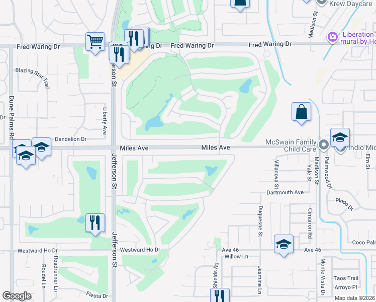 map of restaurants, bars, coffee shops, grocery stores, and more near 80392 Jasper Park Avenue in Indio