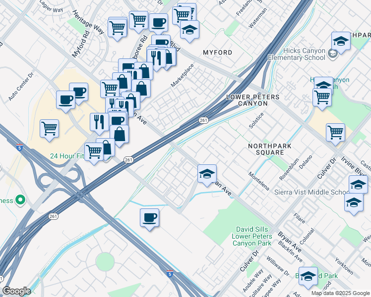 map of restaurants, bars, coffee shops, grocery stores, and more near 46 Whitford in Irvine