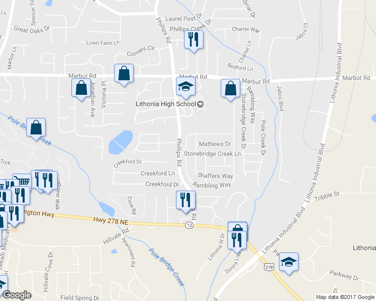 map of restaurants, bars, coffee shops, grocery stores, and more near 6306 Stonebridge Creek Ln in Lithonia