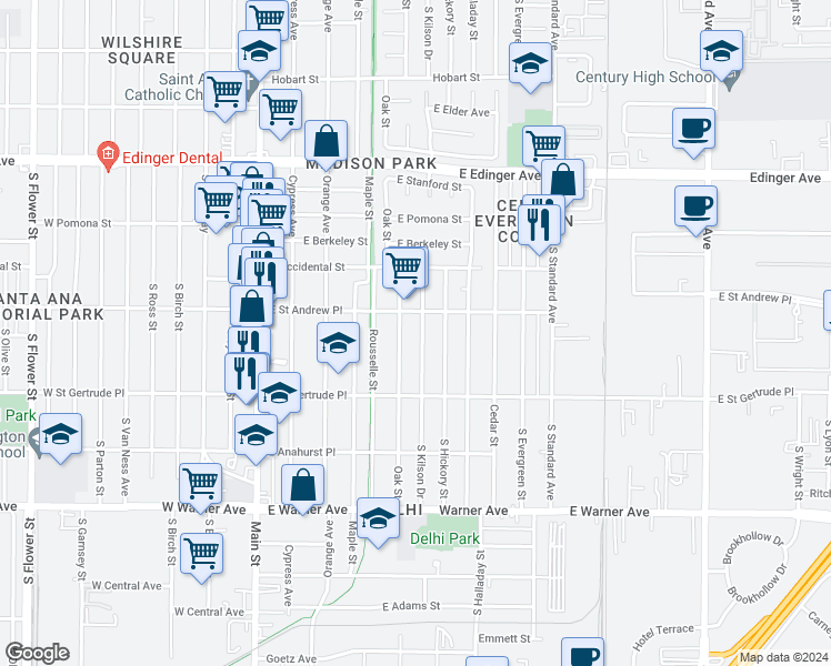 map of restaurants, bars, coffee shops, grocery stores, and more near 2022 Oak Street in Santa Ana