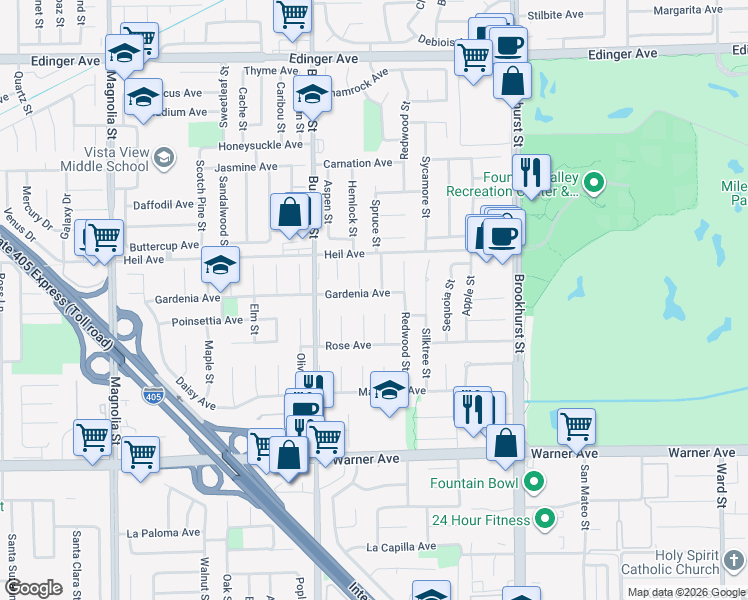 map of restaurants, bars, coffee shops, grocery stores, and more near 16642 Spruce Circle in Fountain Valley