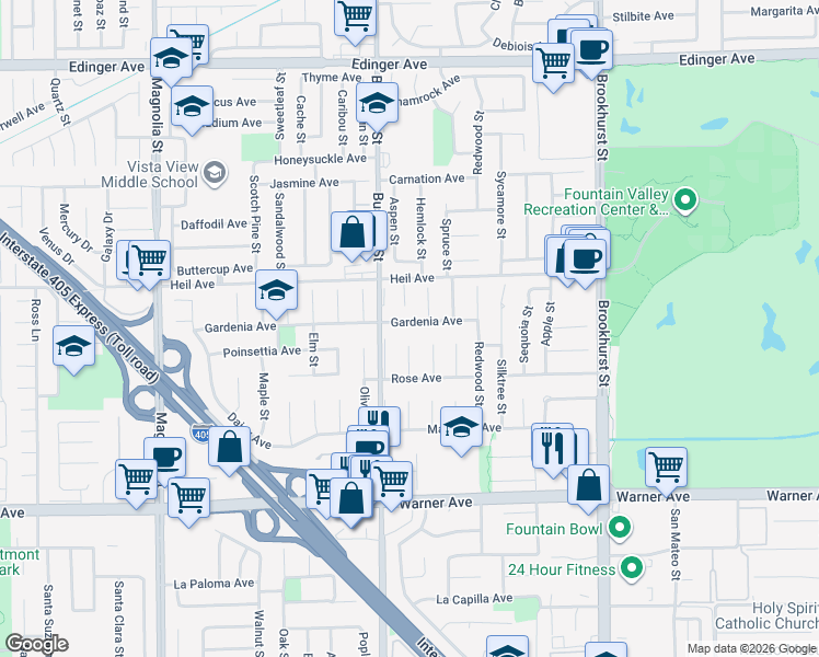 map of restaurants, bars, coffee shops, grocery stores, and more near 16641 Evergreen Circle in Fountain Valley