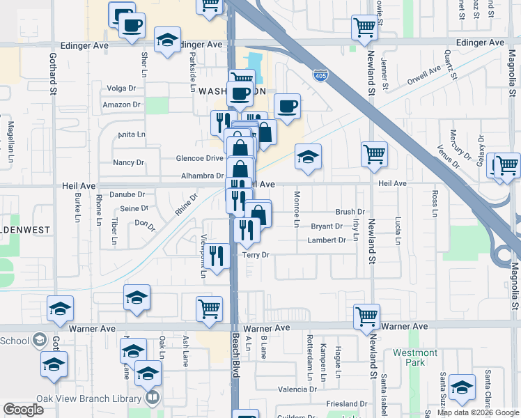 map of restaurants, bars, coffee shops, grocery stores, and more near 8122 Brush Drive in Huntington Beach