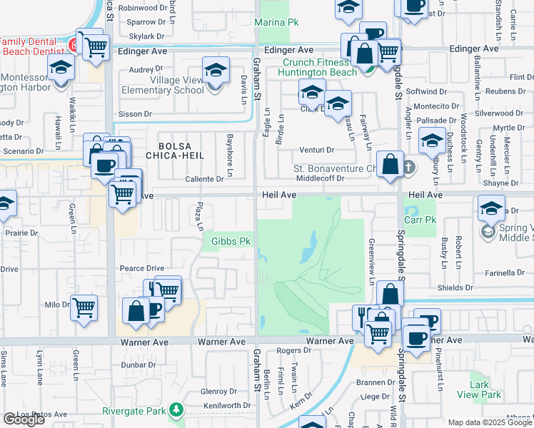 map of restaurants, bars, coffee shops, grocery stores, and more near 5542 Fernhill Circle in Huntington Beach