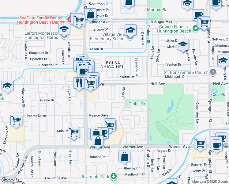 map of restaurants, bars, coffee shops, grocery stores, and more near 5152 Heil Avenue in Huntington Beach