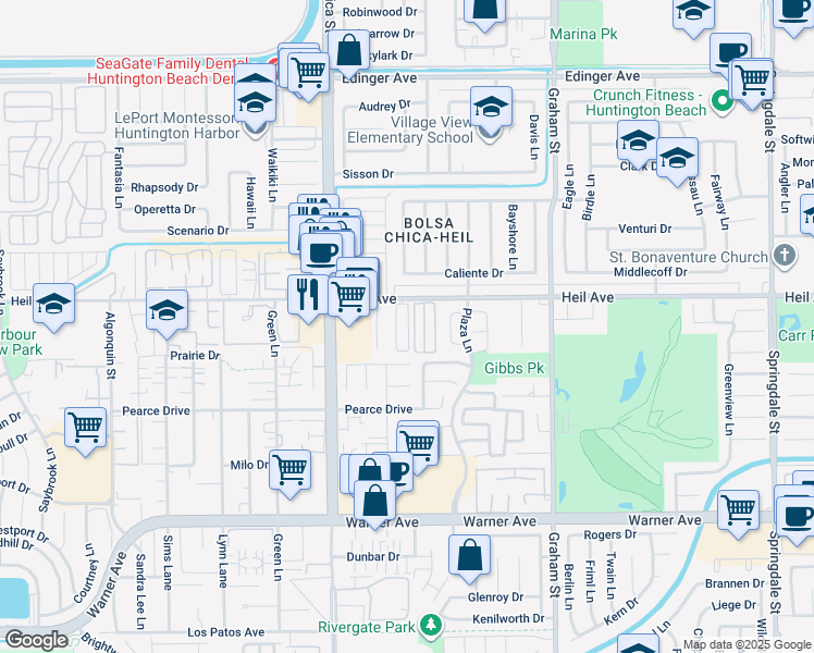 map of restaurants, bars, coffee shops, grocery stores, and more near 5152 Heil Avenue in Huntington Beach