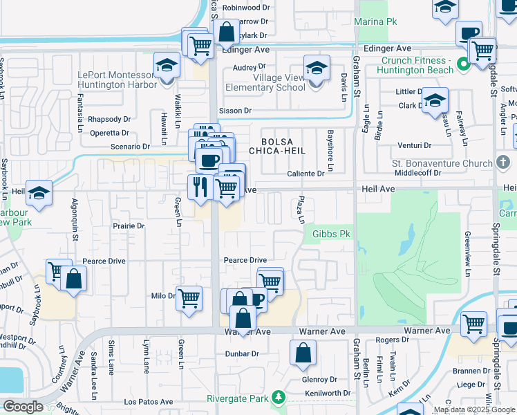 map of restaurants, bars, coffee shops, grocery stores, and more near 16572 Regina Circle in Huntington Beach