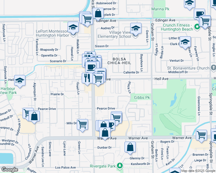 map of restaurants, bars, coffee shops, grocery stores, and more near 16572 Regina Circle in Huntington Beach