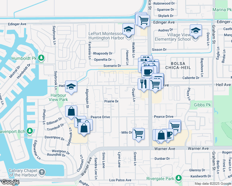map of restaurants, bars, coffee shops, grocery stores, and more near 16512 Blackbeard Lane in Huntington Beach