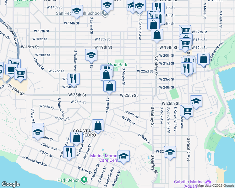 map of restaurants, bars, coffee shops, grocery stores, and more near 927 West 25th Street in Los Angeles