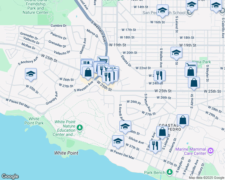 map of restaurants, bars, coffee shops, grocery stores, and more near 1423-1509 West 25th Street in Los Angeles