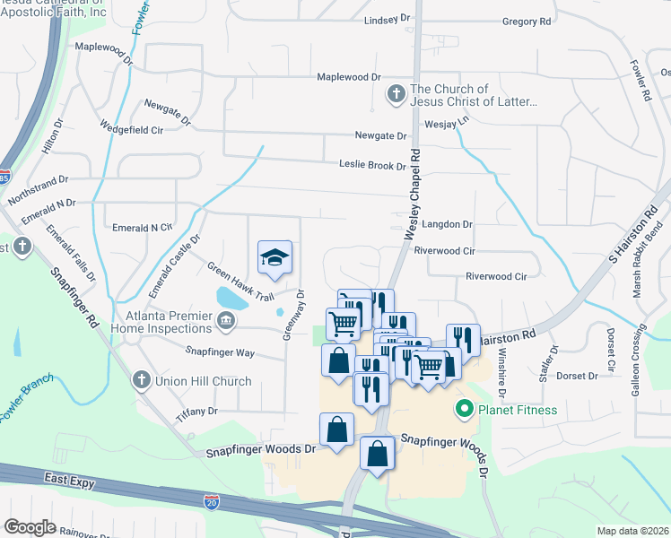 map of restaurants, bars, coffee shops, grocery stores, and more near 4203 Wesley Hall Lane in Decatur