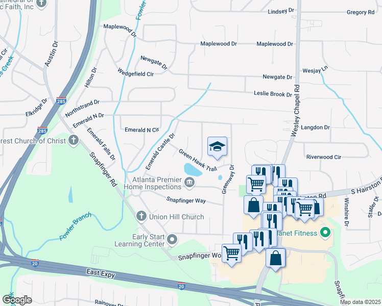 map of restaurants, bars, coffee shops, grocery stores, and more near 4074 Green Hawk Trail in Decatur