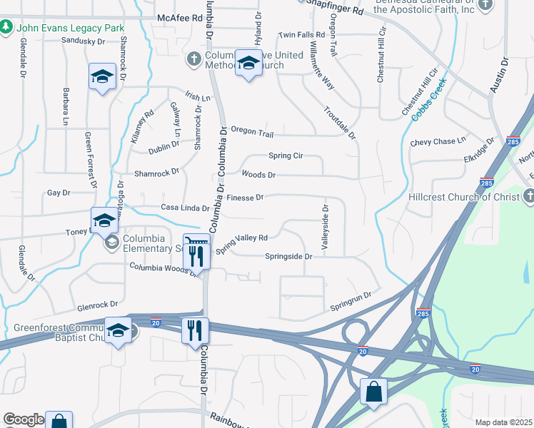 map of restaurants, bars, coffee shops, grocery stores, and more near 3444 Columbia Court in Decatur