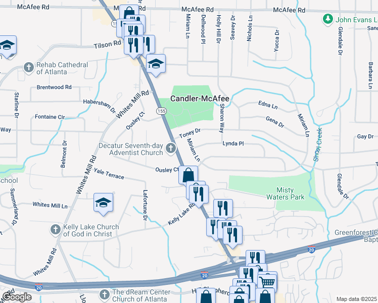 map of restaurants, bars, coffee shops, grocery stores, and more near 2790 Miriam Lane in Decatur