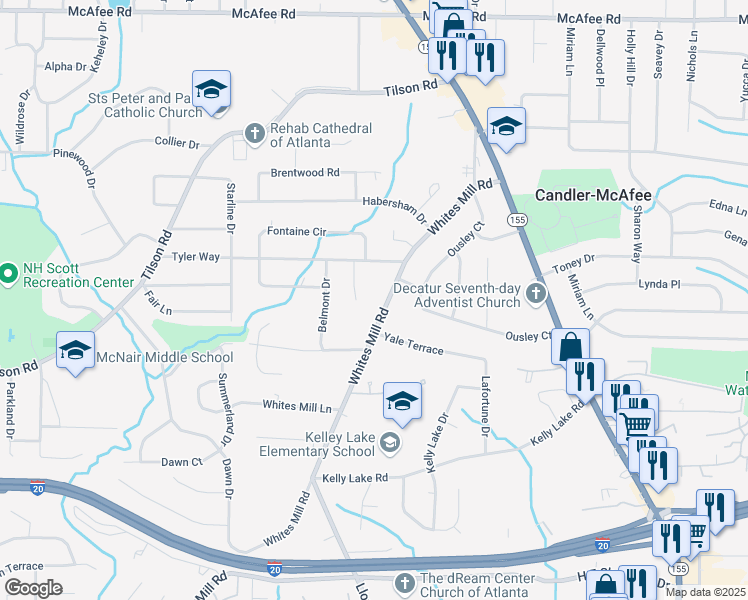 map of restaurants, bars, coffee shops, grocery stores, and more near 2229 Whites Mill Road in Decatur
