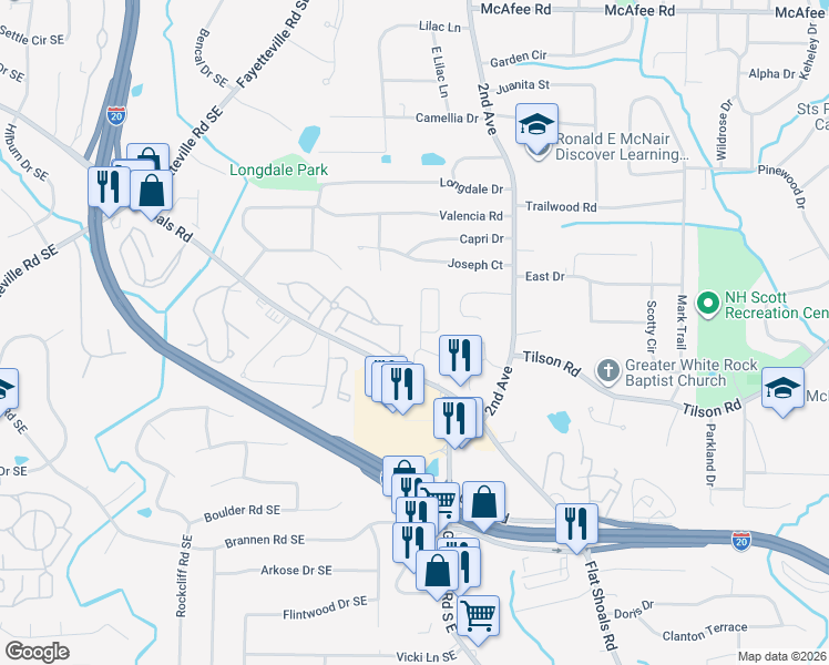 map of restaurants, bars, coffee shops, grocery stores, and more near 2027 Shawn Wayne Circle Southeast in Atlanta