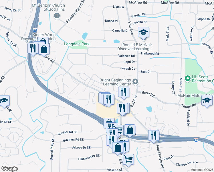 map of restaurants, bars, coffee shops, grocery stores, and more near 2263 Leicester Way Southeast in Atlanta