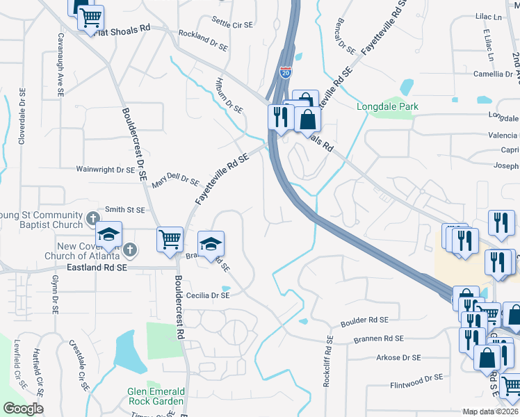 map of restaurants, bars, coffee shops, grocery stores, and more near 2293 Charleston Pointe Southeast in Atlanta