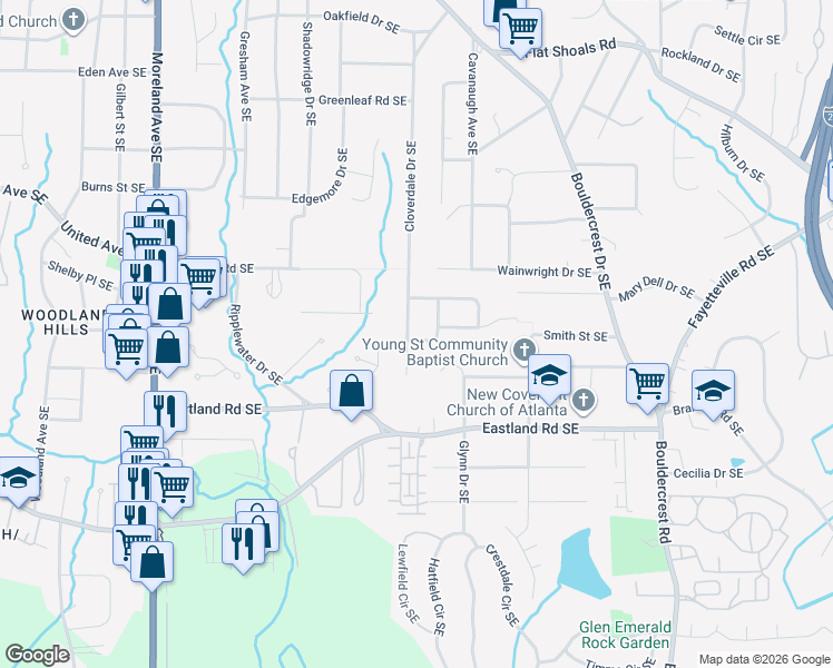 map of restaurants, bars, coffee shops, grocery stores, and more near 2332 Cloverdale Drive Southeast in Atlanta
