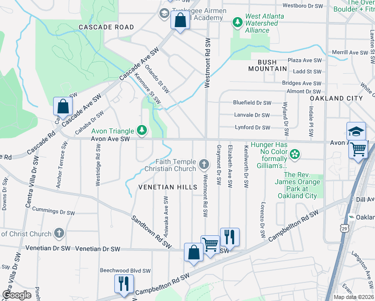 map of restaurants, bars, coffee shops, grocery stores, and more near 1236 Willow Trail Southwest in Atlanta