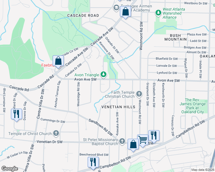 map of restaurants, bars, coffee shops, grocery stores, and more near 1280 Avonwood Circle Southwest in Atlanta