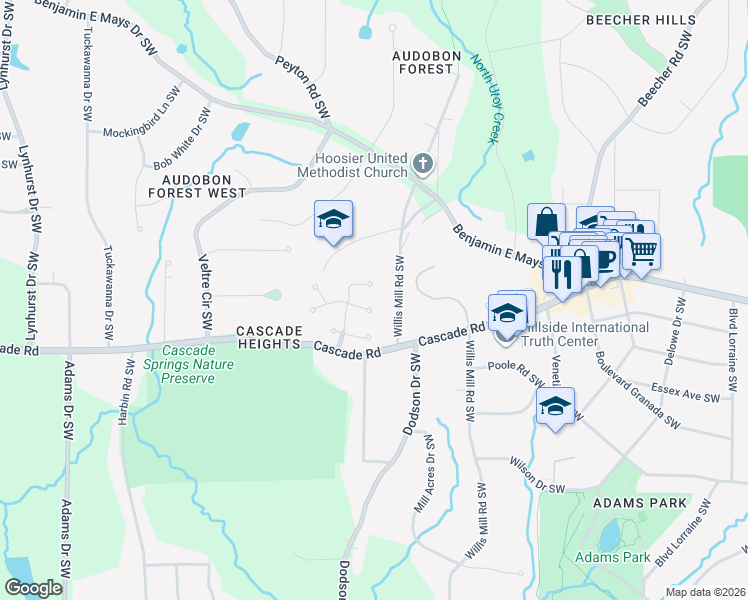 map of restaurants, bars, coffee shops, grocery stores, and more near 1249 Springhouse Lane Southwest in Atlanta