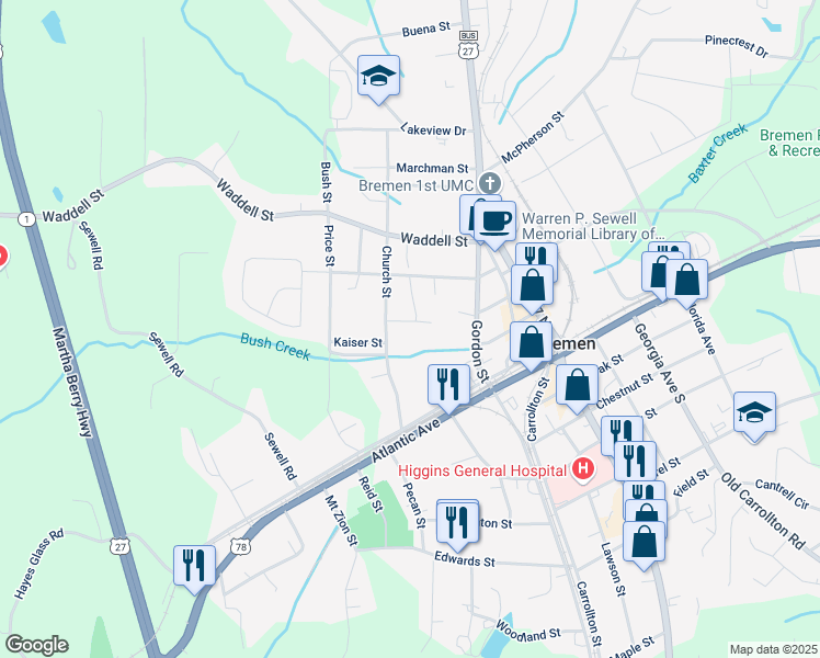 map of restaurants, bars, coffee shops, grocery stores, and more near 144 South Street in Bremen