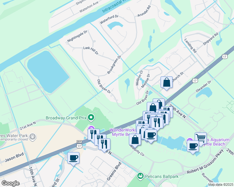 map of restaurants, bars, coffee shops, grocery stores, and more near 2841 Old Bryan Drive in Myrtle Beach