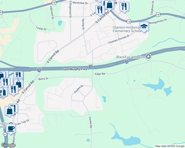map of restaurants, bars, coffee shops, grocery stores, and more near 900 Berry Drive in Villa Rica