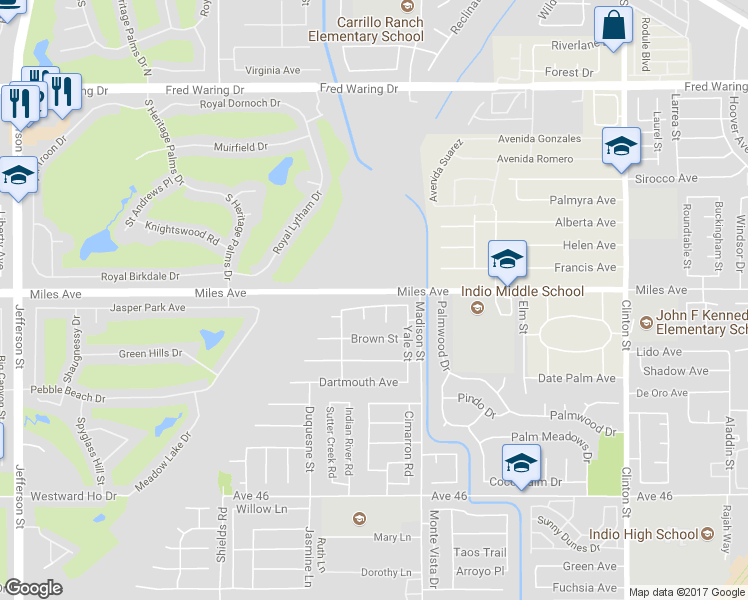 map of restaurants, bars, coffee shops, grocery stores, and more near 80878 Amherst Avenue in Indio