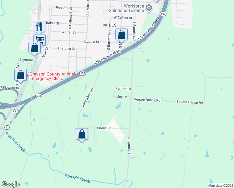 map of restaurants, bars, coffee shops, grocery stores, and more near 3415 Dana Lane in Denison