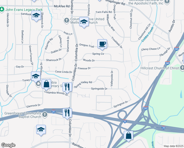 map of restaurants, bars, coffee shops, grocery stores, and more near 3444 Columbia Court in Decatur