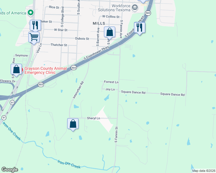 map of restaurants, bars, coffee shops, grocery stores, and more near 515 Joy Ln in Denison