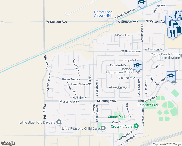 map of restaurants, bars, coffee shops, grocery stores, and more near 1496 Via Rojas in Hemet