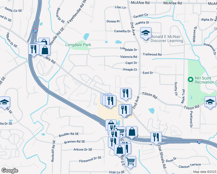 map of restaurants, bars, coffee shops, grocery stores, and more near 2263 Leicester Way Southeast in Atlanta