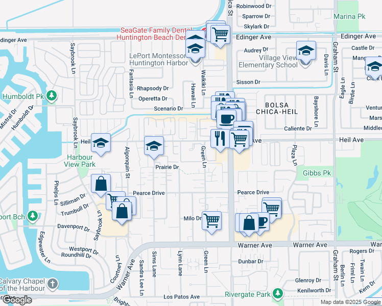map of restaurants, bars, coffee shops, grocery stores, and more near 4831 Lago Drive in Huntington Beach