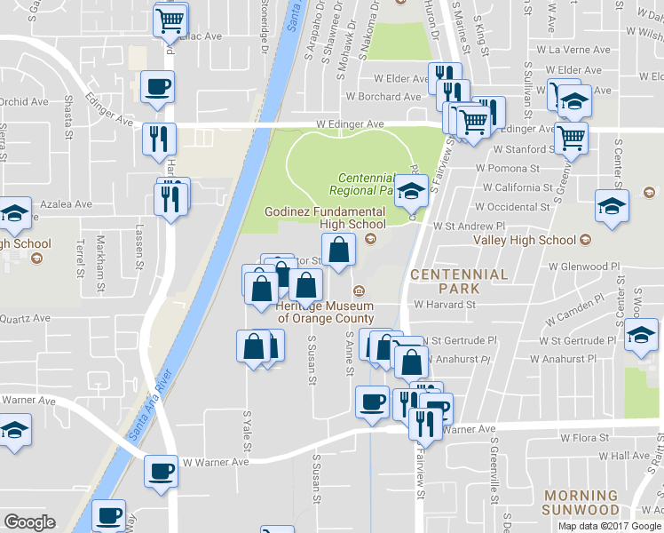 map of restaurants, bars, coffee shops, grocery stores, and more near 1911 South Susan Street in Santa Ana