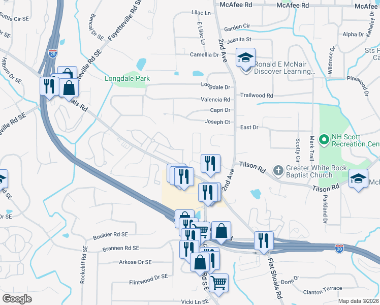 map of restaurants, bars, coffee shops, grocery stores, and more near 2027 Shawn Wayne Circle Southeast in Atlanta