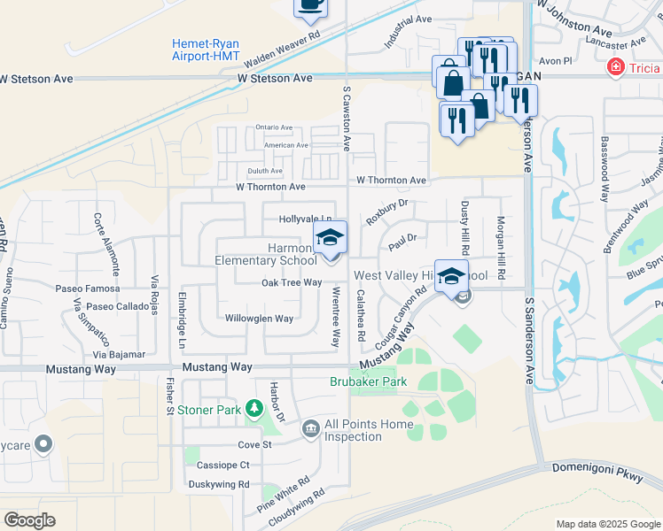 map of restaurants, bars, coffee shops, grocery stores, and more near 1500 South Cawston Avenue in Hemet