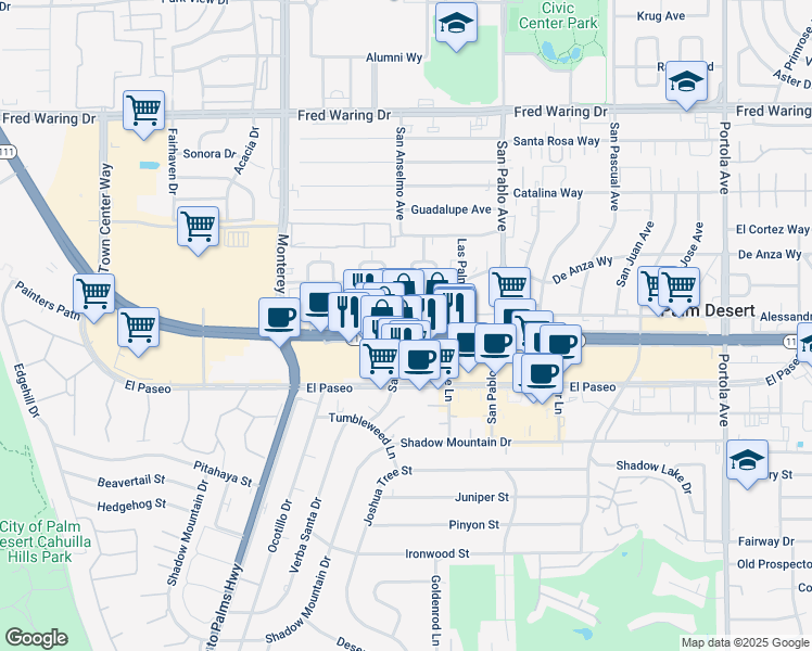 map of restaurants, bars, coffee shops, grocery stores, and more near 73280 Palm Desert Drive North in Palm Desert