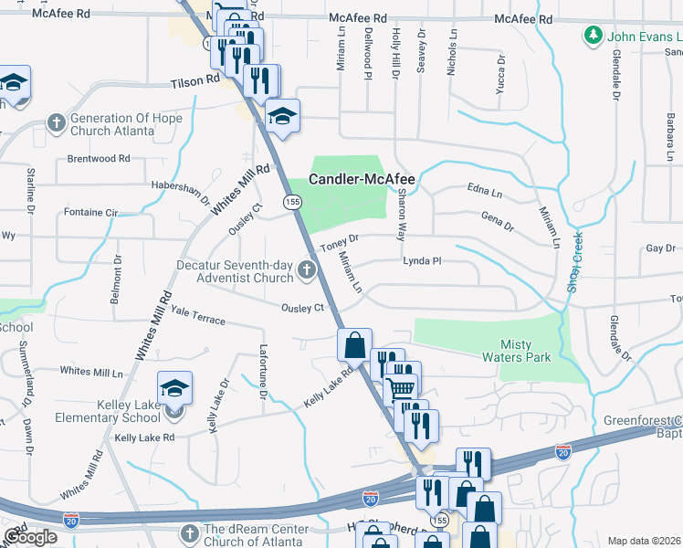 map of restaurants, bars, coffee shops, grocery stores, and more near 2784 Miriam Lane in Decatur